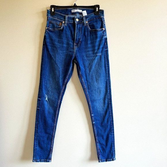 ZARA HIGH RISE SKINNY DISTRESSED JEANS DENIM WOMENS SIZE 30 BLUE - Picture 1 of 8
